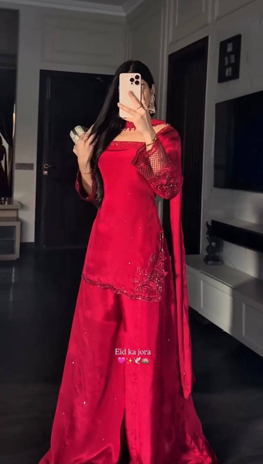 Heavy Embroidered Red Designer Sharara Suit Set for Festive Eid & Wedding Party Wear