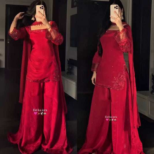 Heavy Embroidered Red Designer Sharara Suit Set for Festive Eid & Wedding Party Wear