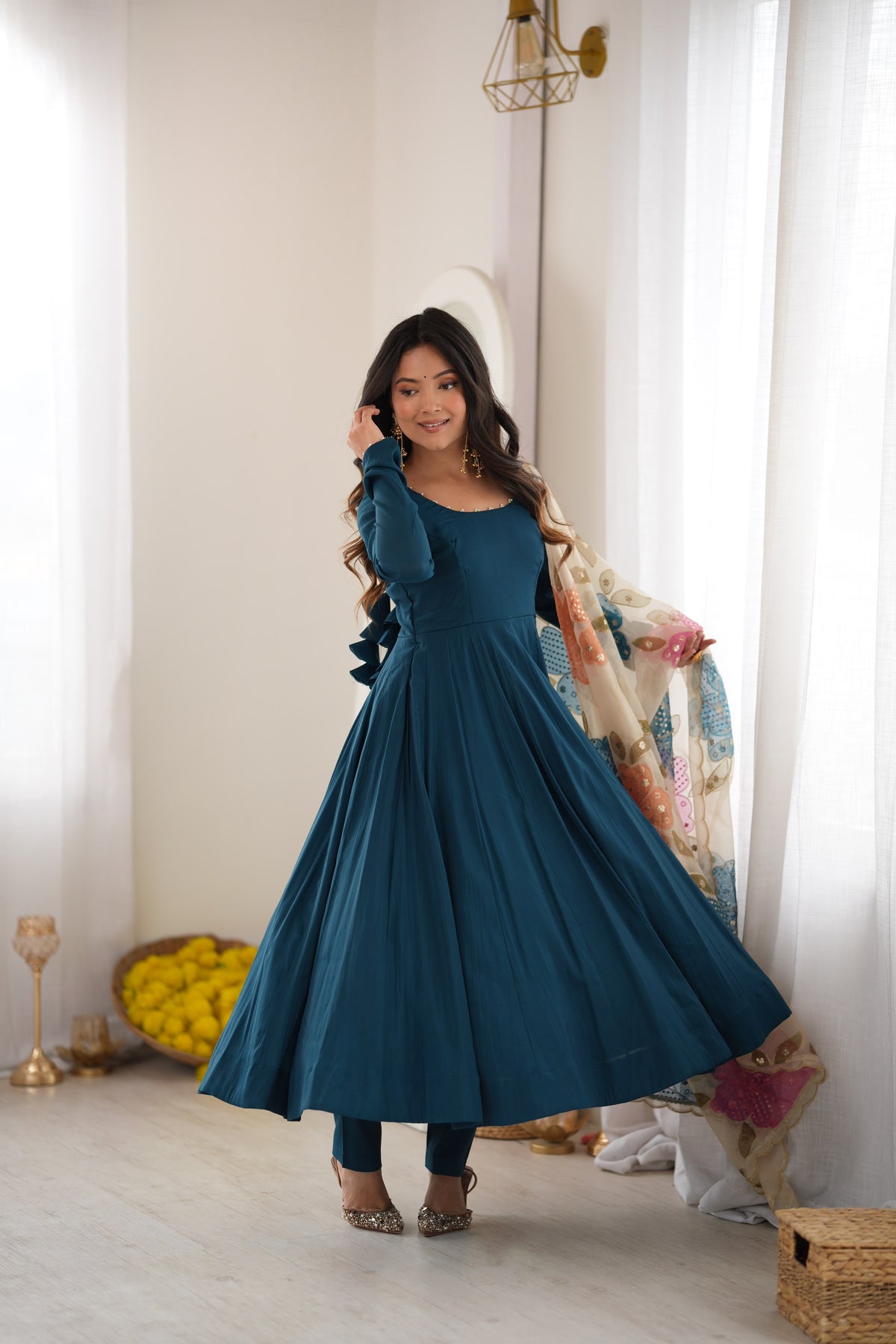 Teal Blue Silk Anarkali Suit with Floral Printed Dupatta