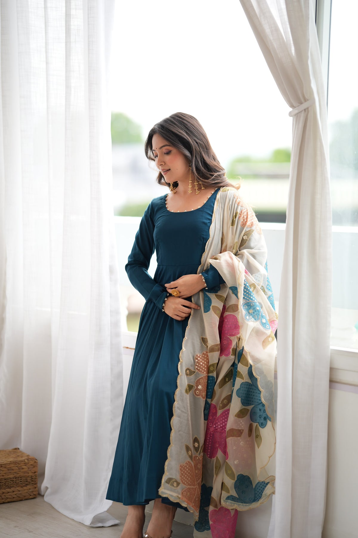 Teal Blue Silk Anarkali Suit with Floral Printed Dupatta