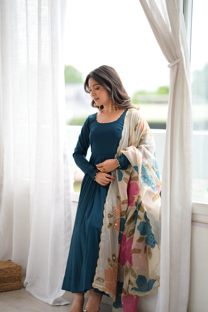 Teal Blue Silk Anarkali Suit with Floral Printed Dupatta