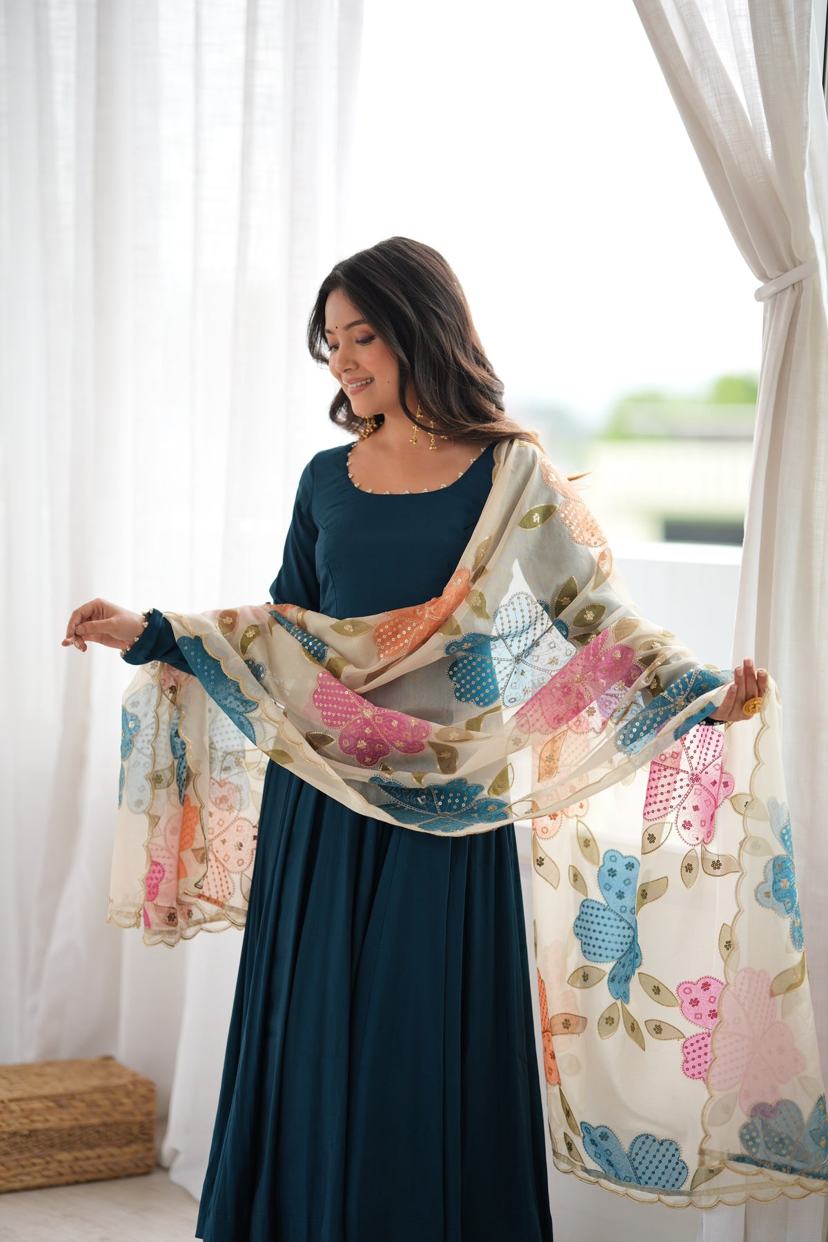 Teal Blue Silk Anarkali Suit with Floral Printed Dupatta