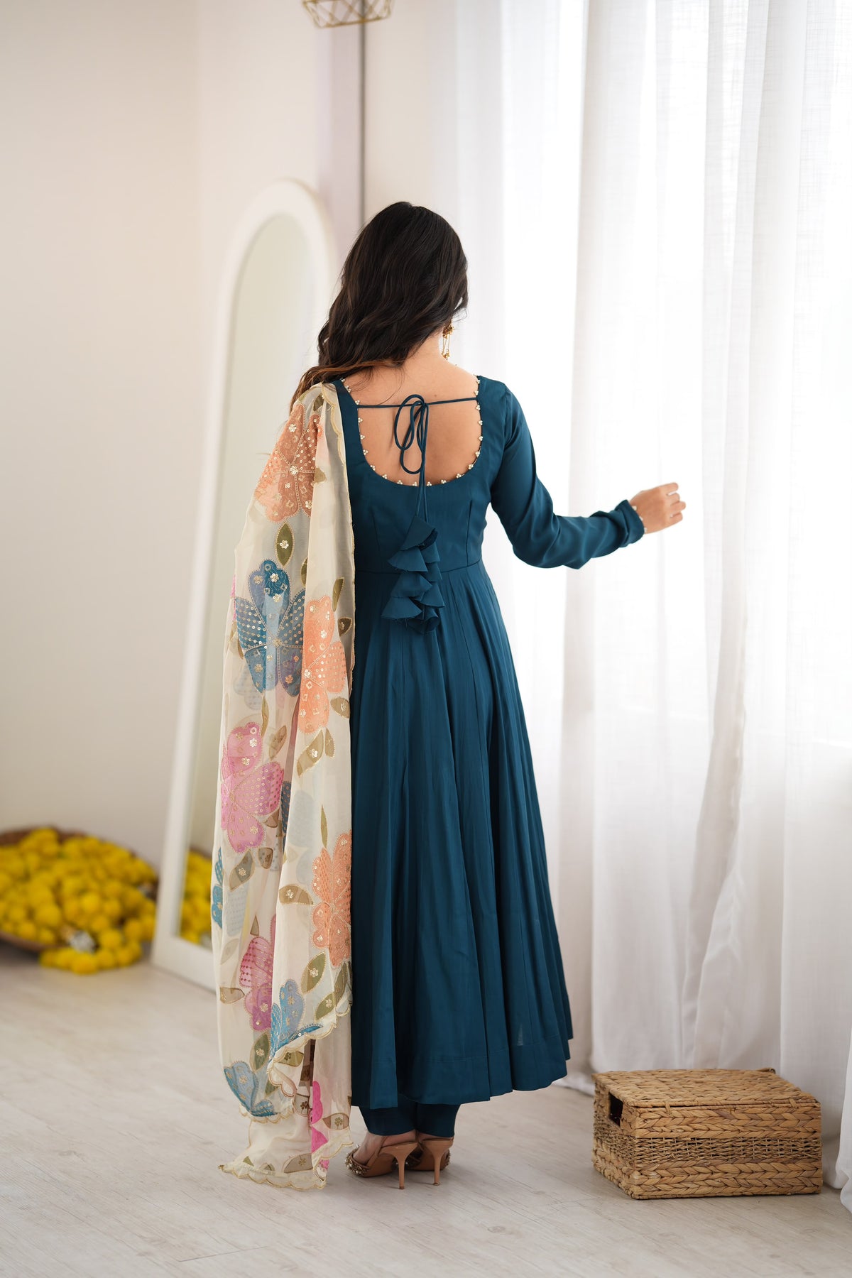 Teal Blue Silk Anarkali Suit with Floral Printed Dupatta