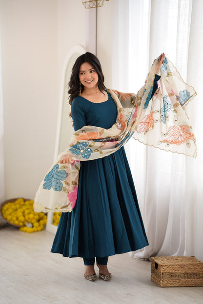 Teal Blue Silk Anarkali Suit with Floral Printed Dupatta