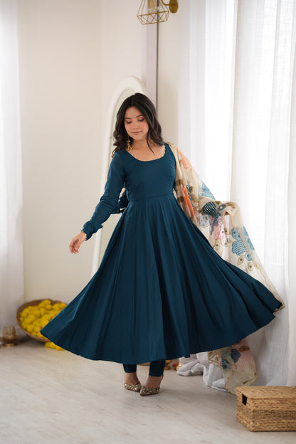 Teal Blue Silk Anarkali Suit with Floral Printed Dupatta