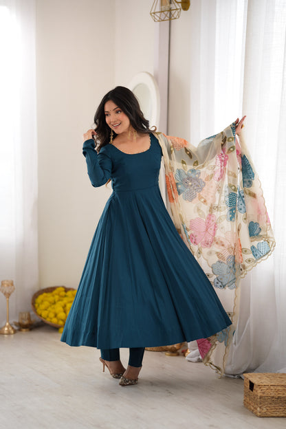 Teal Blue Silk Anarkali Suit with Floral Printed Dupatta