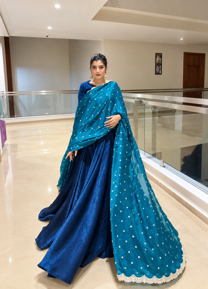Royal Blue Silk Anarkali Gown with Trendy Tassels Sleeve and Dupatta