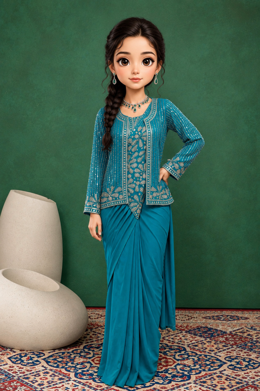 Teal Blue Pre-Draped Embroidered Saree with Zari & Sequins Jacket