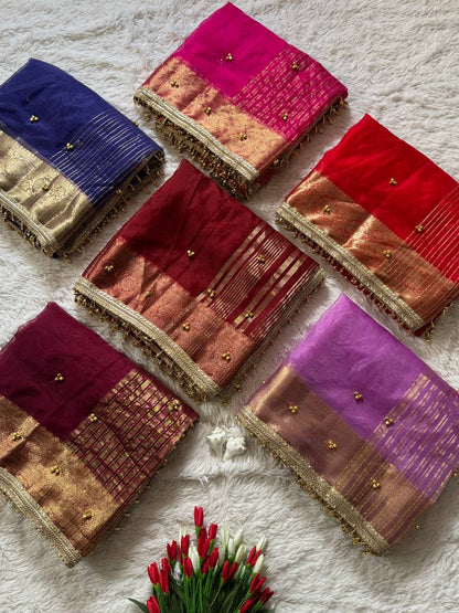 Traditional Ghungroo Border Saree with Golden Zari Work & Decorative Tassels