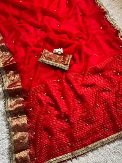 Traditional Ghungroo Border Saree with Golden Zari Work & Decorative Tassels
