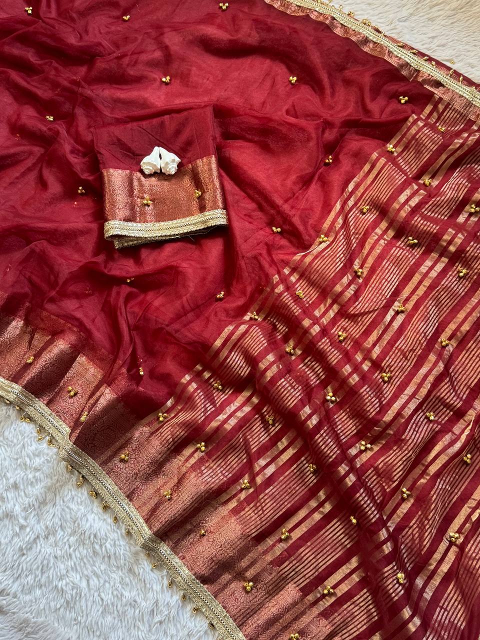 Traditional Ghungroo Border Saree with Golden Zari Work & Decorative Tassels