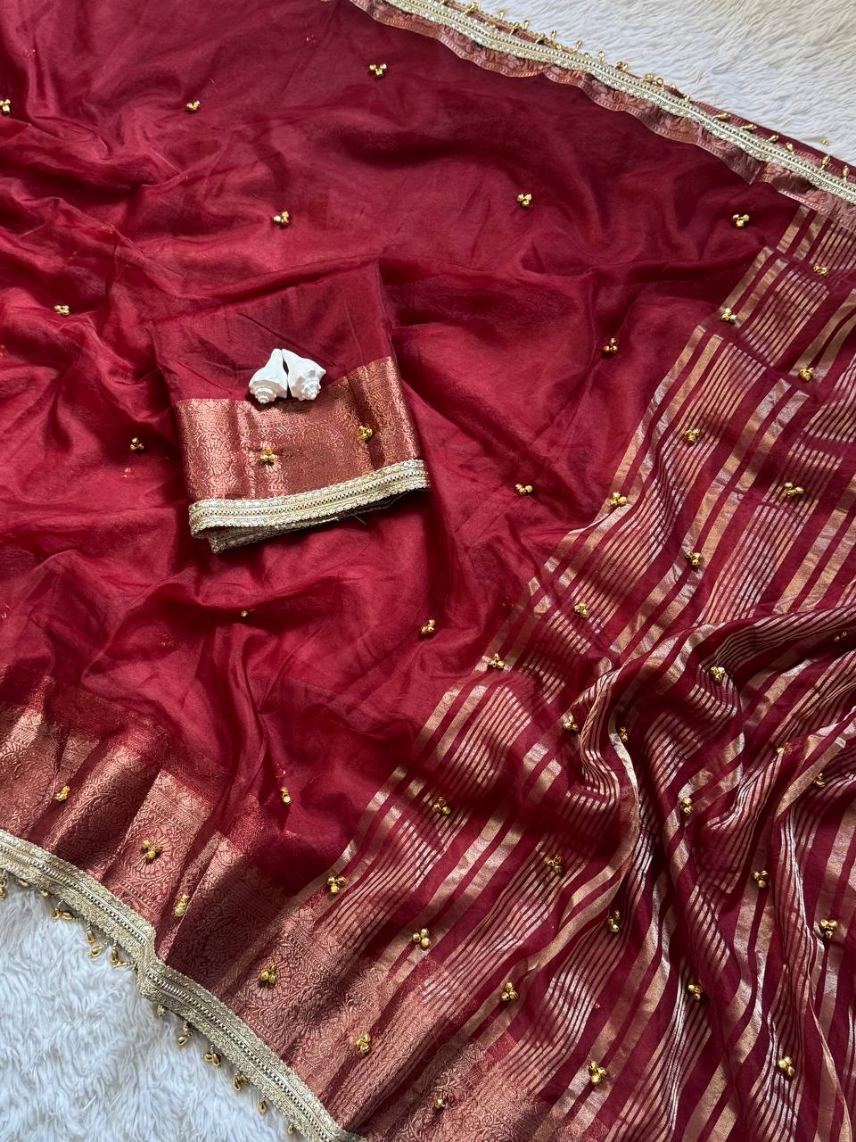 Traditional Ghungroo Border Saree with Golden Zari Work & Decorative Tassels