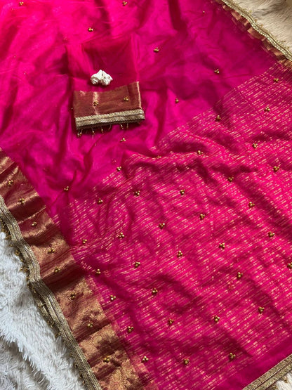 Traditional Ghungroo Border Saree with Golden Zari Work & Decorative Tassels