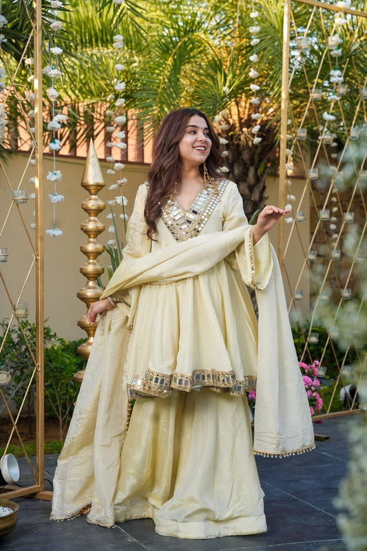 Ivory Mirror Work Sharara Set with Flared Kurta & Dupatta
