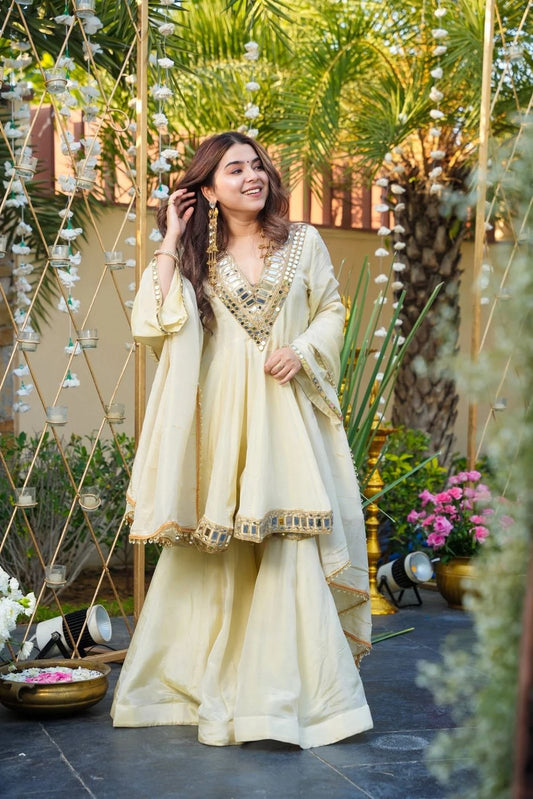 Ivory Mirror Work Sharara Set with Flared Kurta & Dupatta