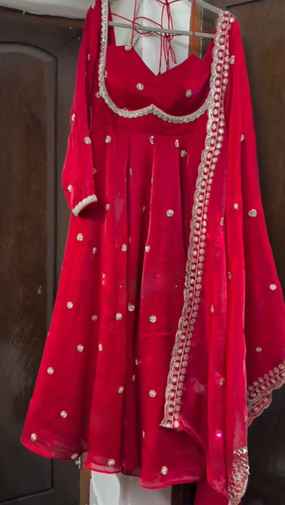 Peach Silk Anarkali Dress with Sequence Work Dupatta