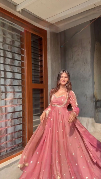 Peach Silk Anarkali Dress with Sequence Work Dupatta