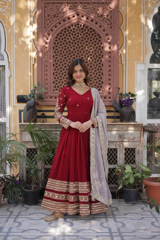 Wedding Wear Maroon Anarkali Gown for Women with Designer Dupatta