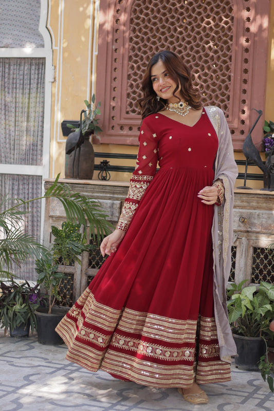 Wedding Wear Maroon Anarkali Gown for Women with Designer Dupatta