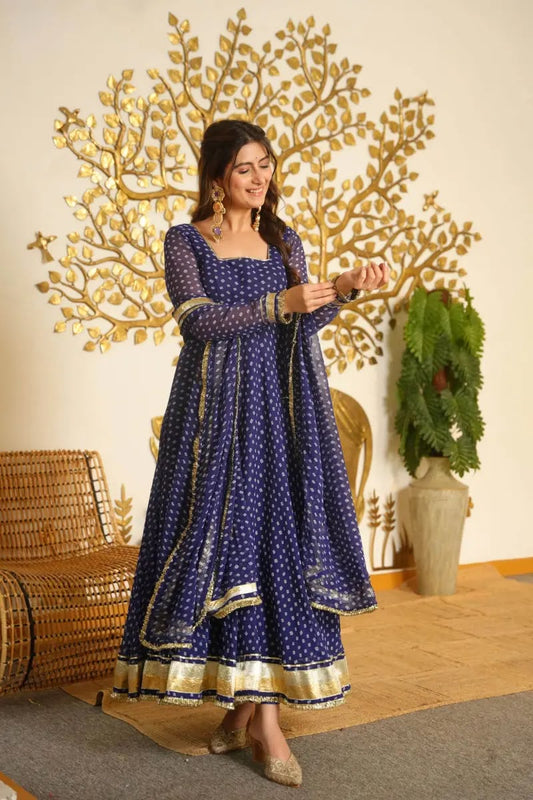Designer Navy Blue Anarkali Gown with Gold Border