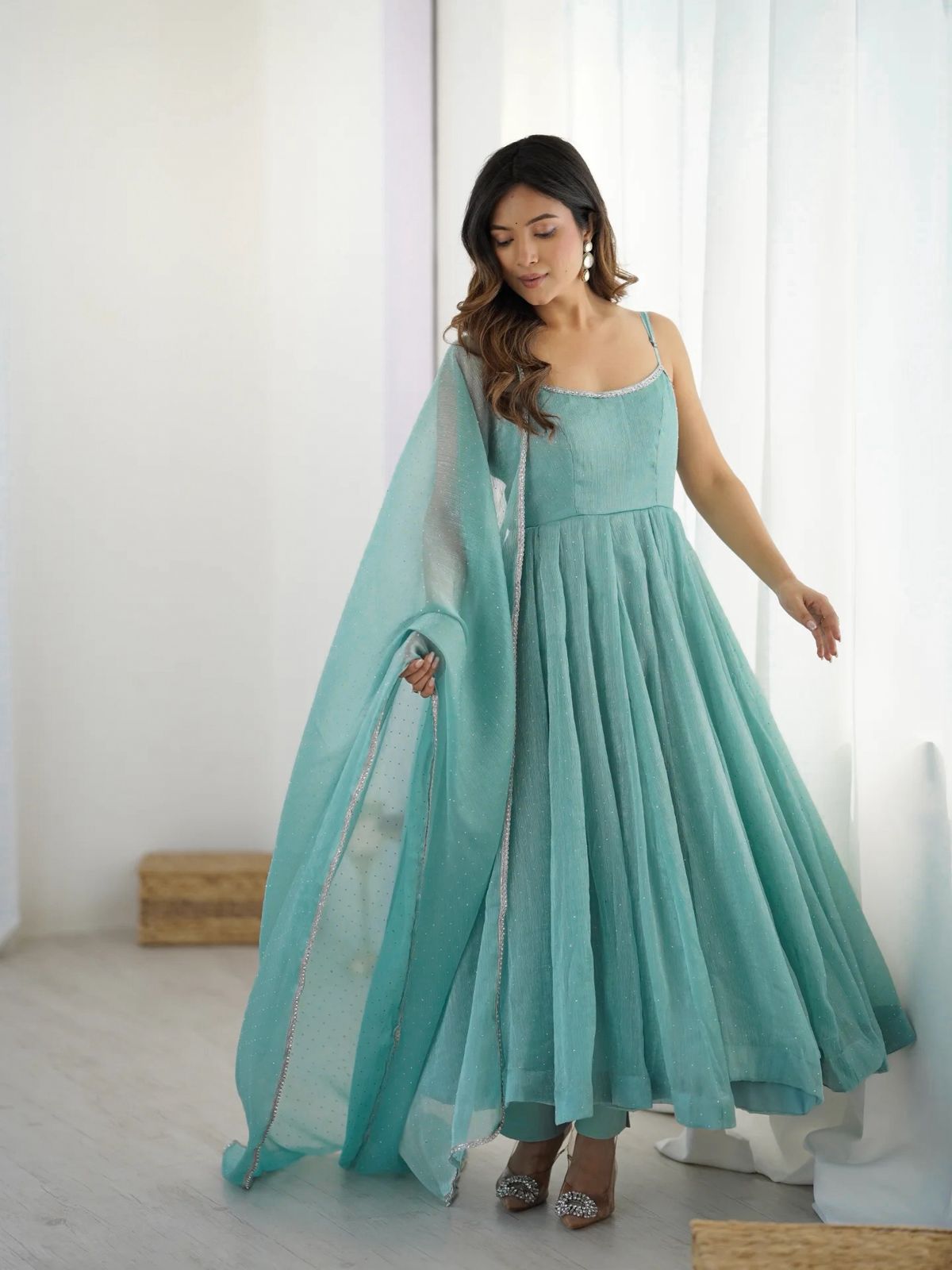 Baby Pink Crunchy Silk Anarkali Gown Set with Dupatta