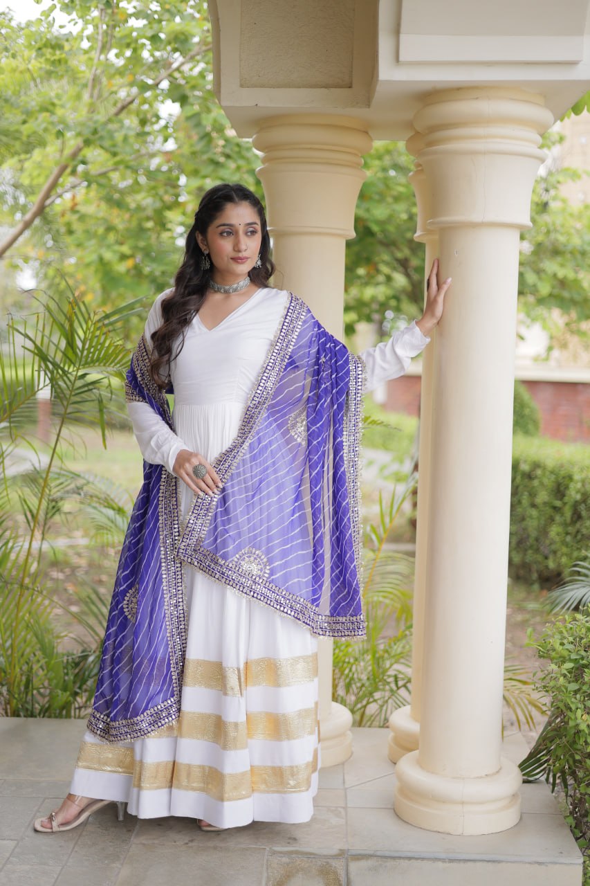 White Anarkali Style Gown with Gota Patti Work & Leheriya Dupatta