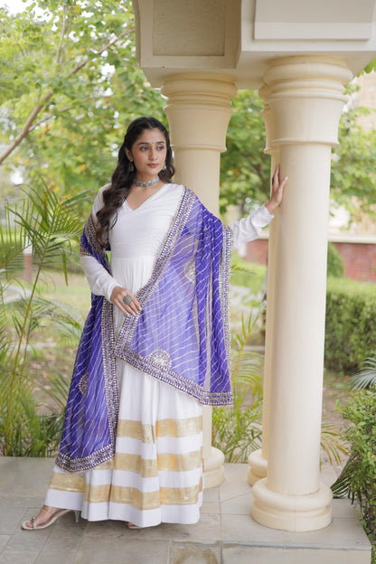 White Anarkali Style Gown with Gota Patti Work & Leheriya Dupatta