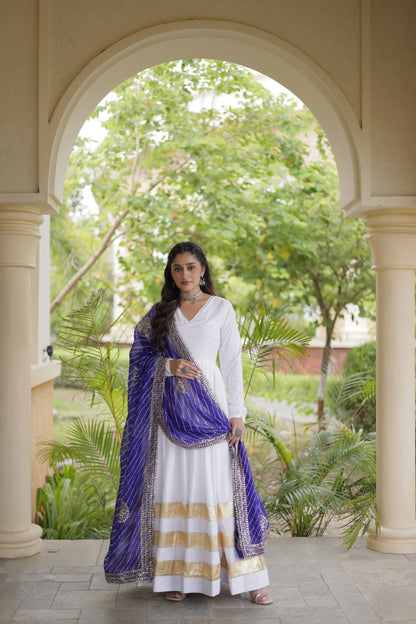 White Anarkali Style Gown with Gota Patti Work & Leheriya Dupatta