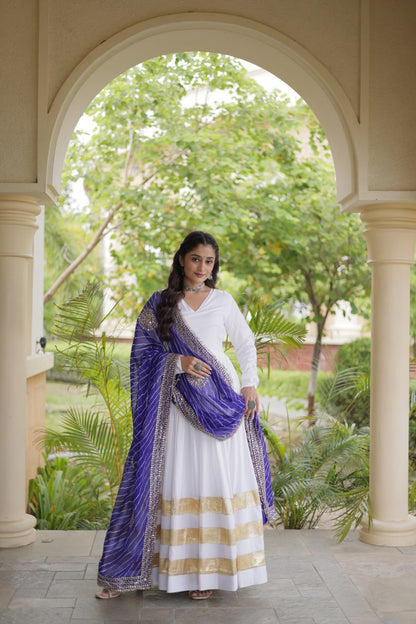 White Anarkali Style Gown with Gota Patti Work & Leheriya Dupatta