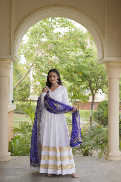 White Anarkali Style Gown with Gota Patti Work & Leheriya Dupatta