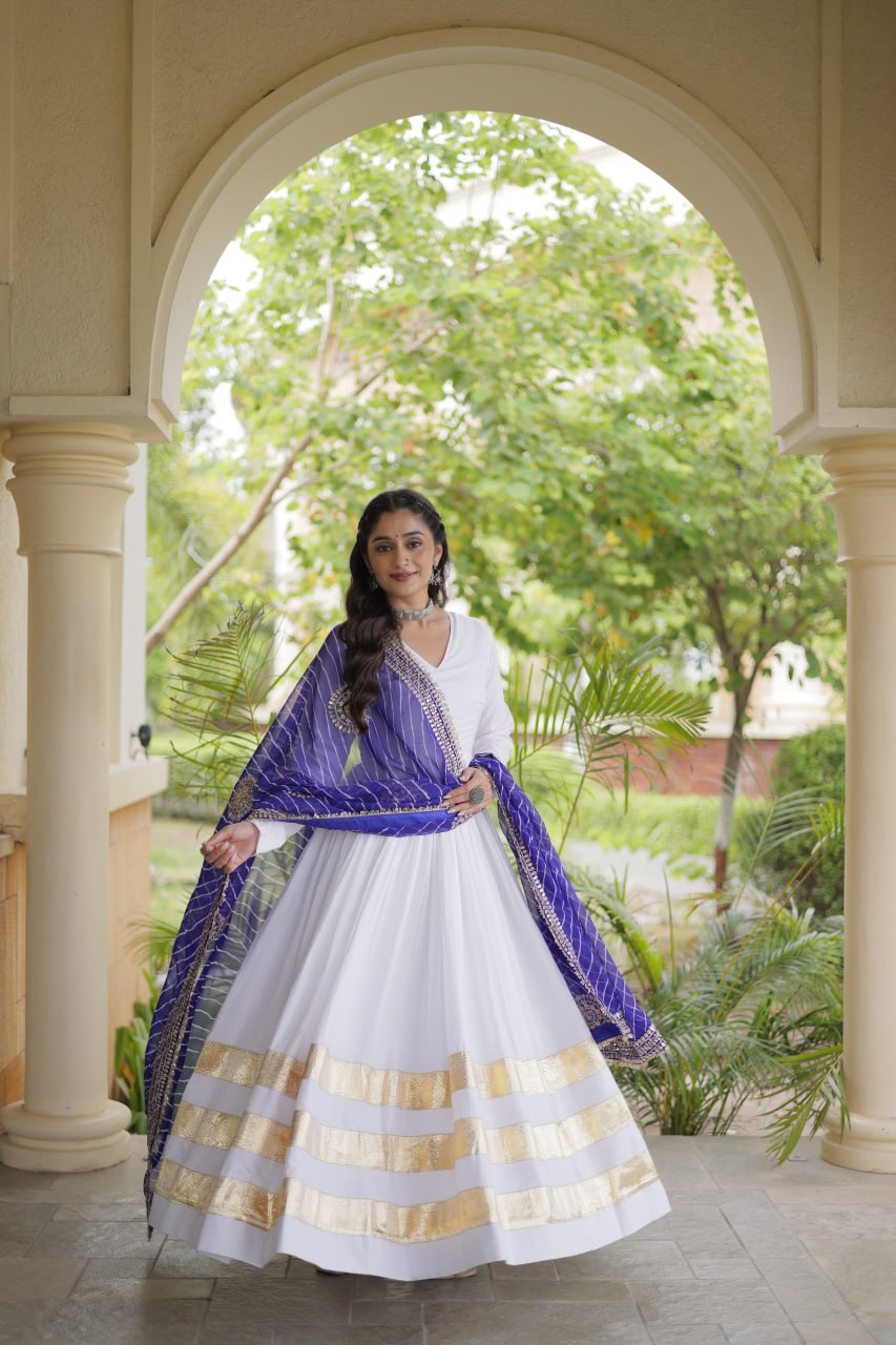 White Anarkali Style Gown with Gota Patti Work & Leheriya Dupatta