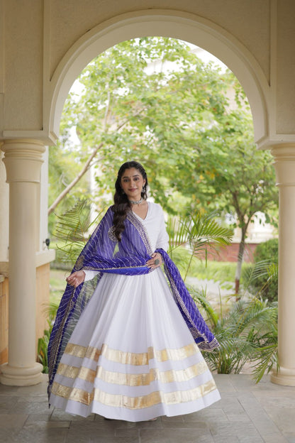 White Anarkali Style Gown with Gota Patti Work & Leheriya Dupatta