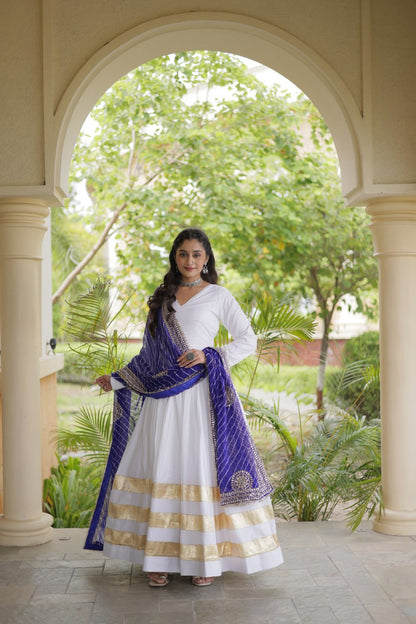 White Anarkali Style Gown with Gota Patti Work & Leheriya Dupatta