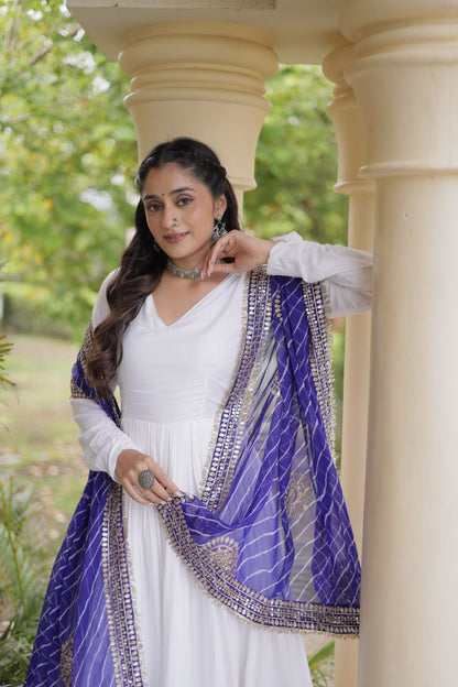 White Anarkali Style Gown with Gota Patti Work & Leheriya Dupatta