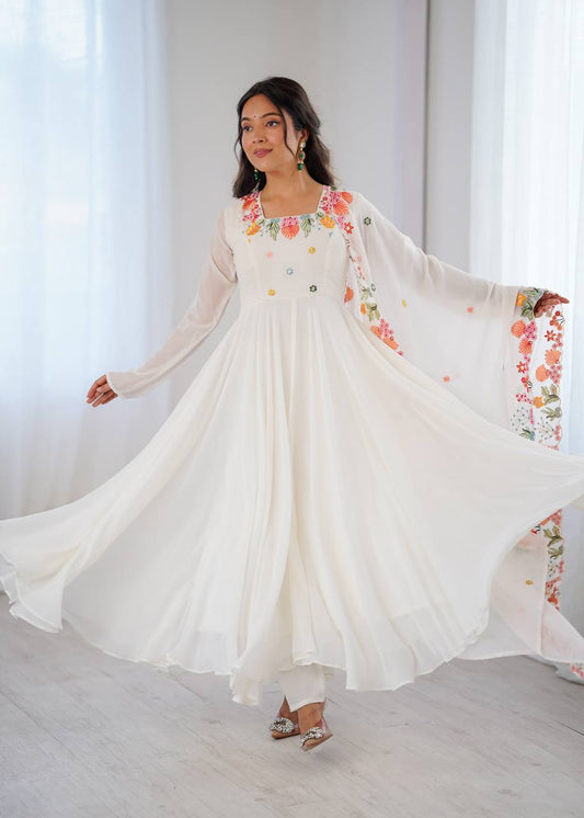 White Embroidered Anarkali Suit with Floral Dupatta