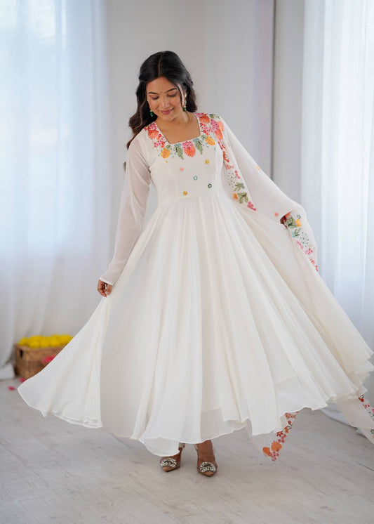 White Embroidered Anarkali Suit with Floral Dupatta