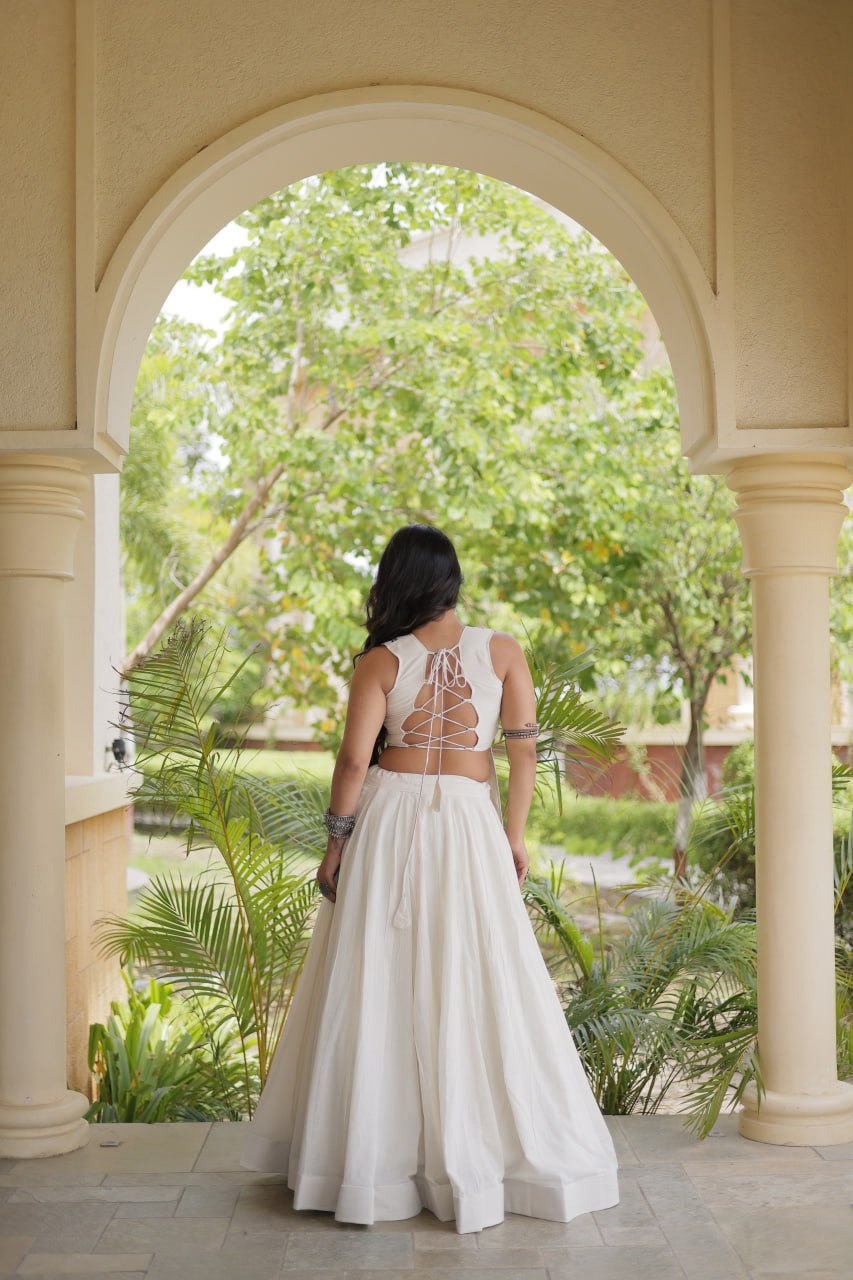 White Kora Cotton Lehenga Choli with Gamthi Thread Embroidered Work