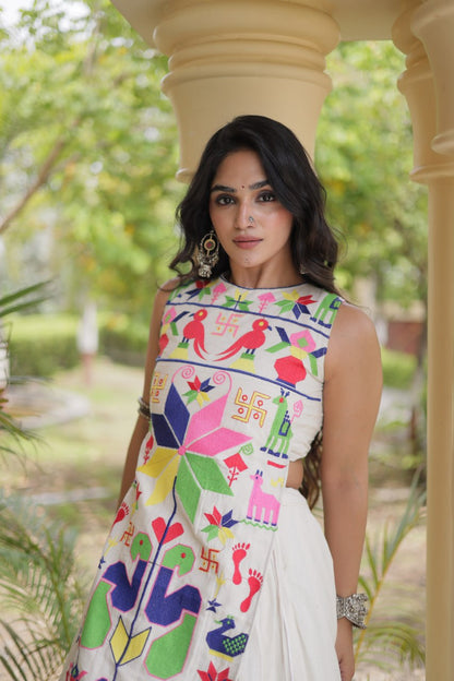 White Kora Cotton Lehenga Choli with Gamthi Thread Embroidered Work