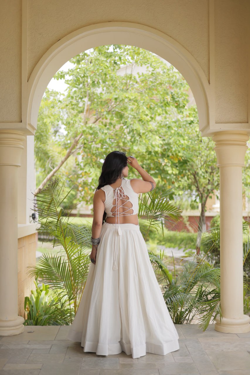 White Kora Cotton Lehenga Choli with Gamthi Thread Embroidered Work