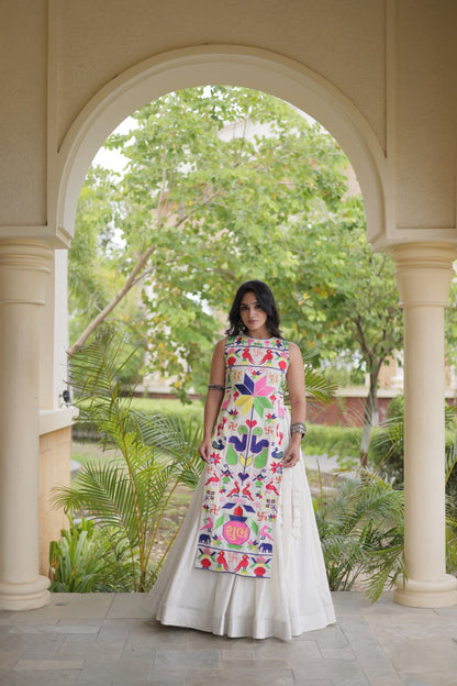 White Kora Cotton Lehenga Choli with Gamthi Thread Embroidered Work