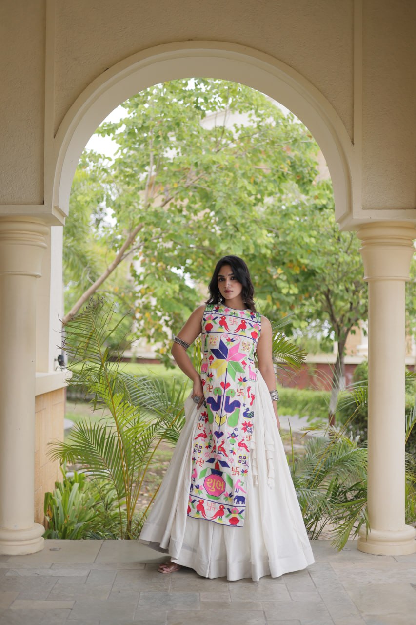 White Kora Cotton Lehenga Choli with Gamthi Thread Embroidered Work