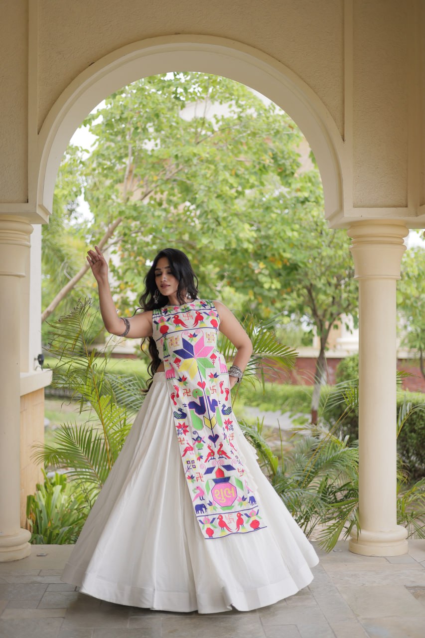 White Kora Cotton Lehenga Choli with Gamthi Thread Embroidered Work