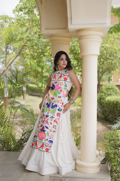 White Kora Cotton Lehenga Choli with Gamthi Thread Embroidered Work