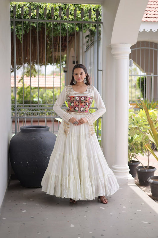 White Kutchi Gamthi Embroidered Gown with Mirror Work