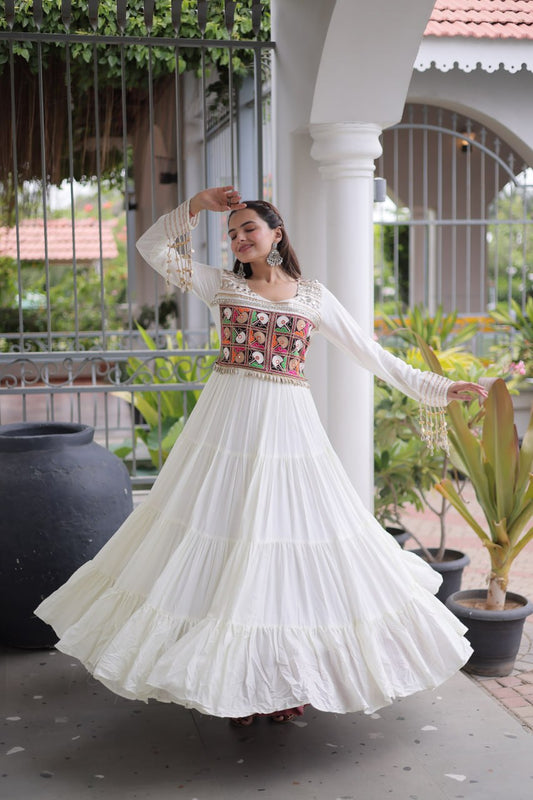 White Kutchi Gamthi Embroidered Gown with Mirror Work