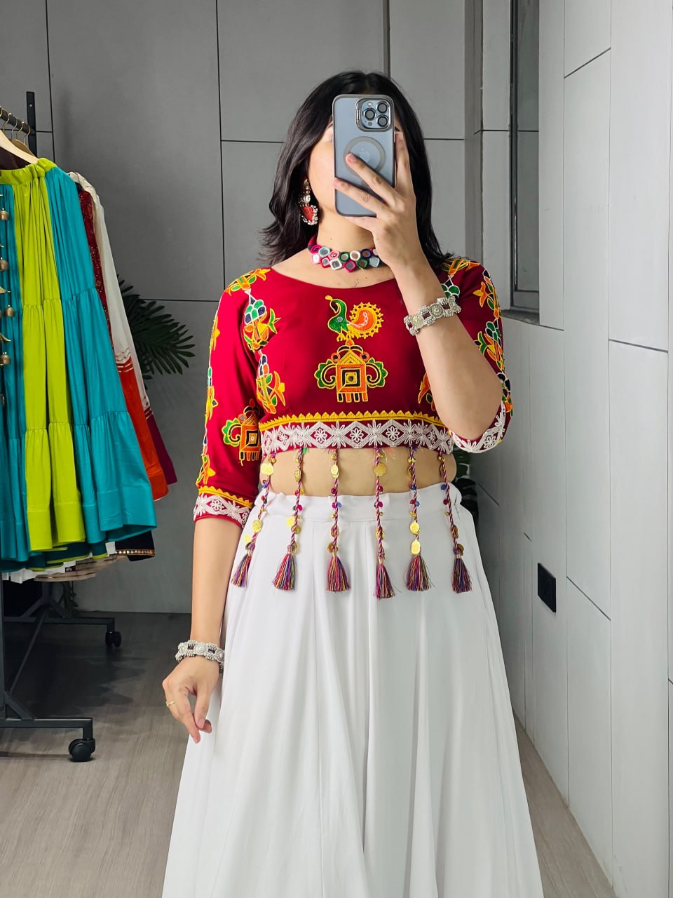 White Navratri Lehenga Choli with Traditional Kutchi Embroidery Blouse