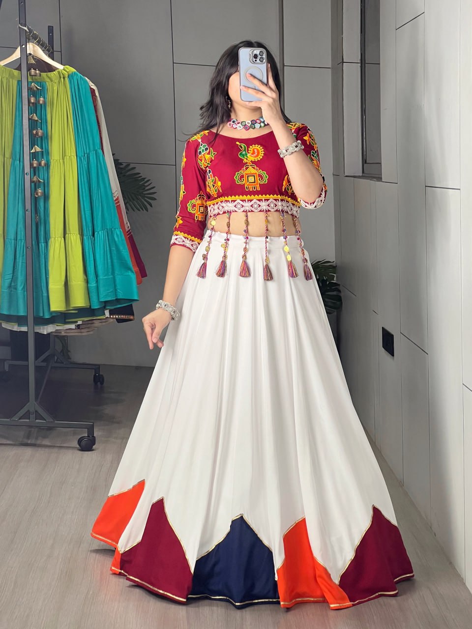 White Navratri Lehenga Choli with Traditional Kutchi Embroidery Blouse