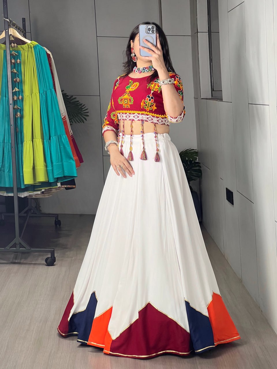 White Navratri Lehenga Choli with Traditional Kutchi Embroidery Blouse