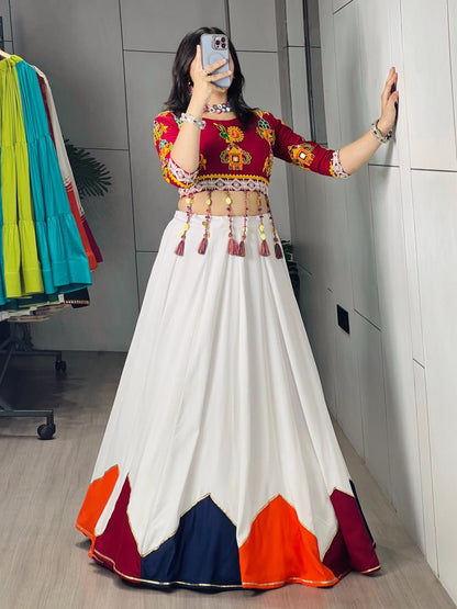 White Navratri Lehenga Choli with Traditional Kutchi Embroidery Blouse