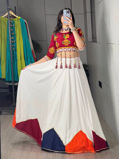 White Navratri Lehenga Choli with Traditional Kutchi Embroidery Blouse